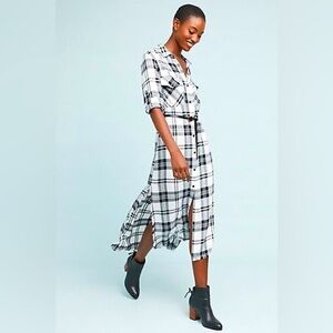 Cloth & Stone Black and White Plaid Fringe Shirtdress, Small